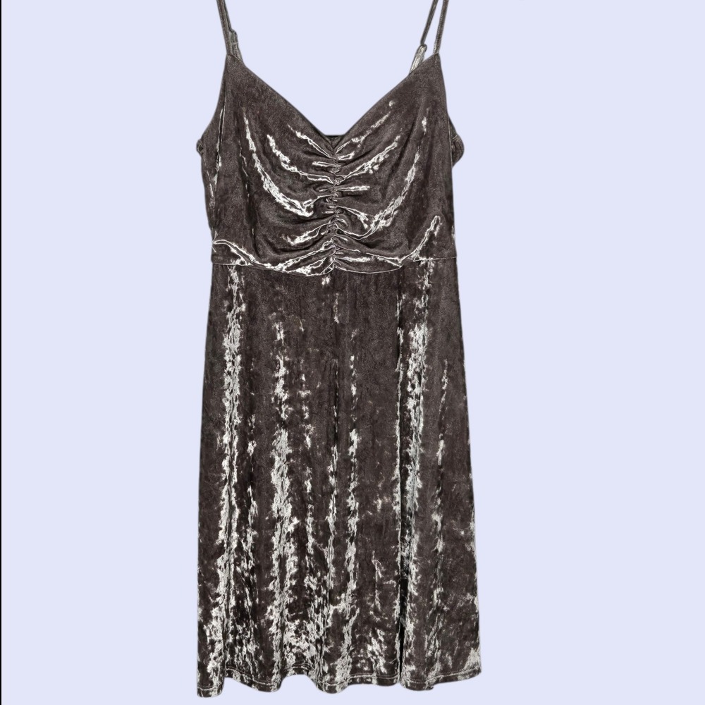 Express Crushed Velvet Slip Dress Mini Skater Taupe Grey Size XS Whimsigothic
